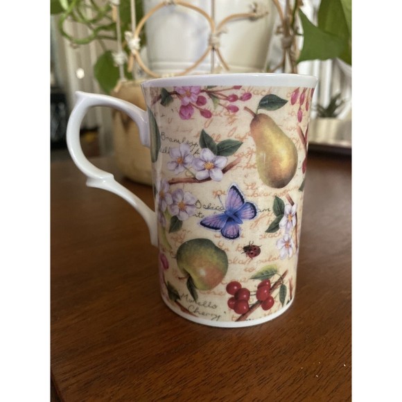 Rose Of England Bone China Mug Pear Apple Butterfly Floral Painting Excellent C - Picture 1 of 5